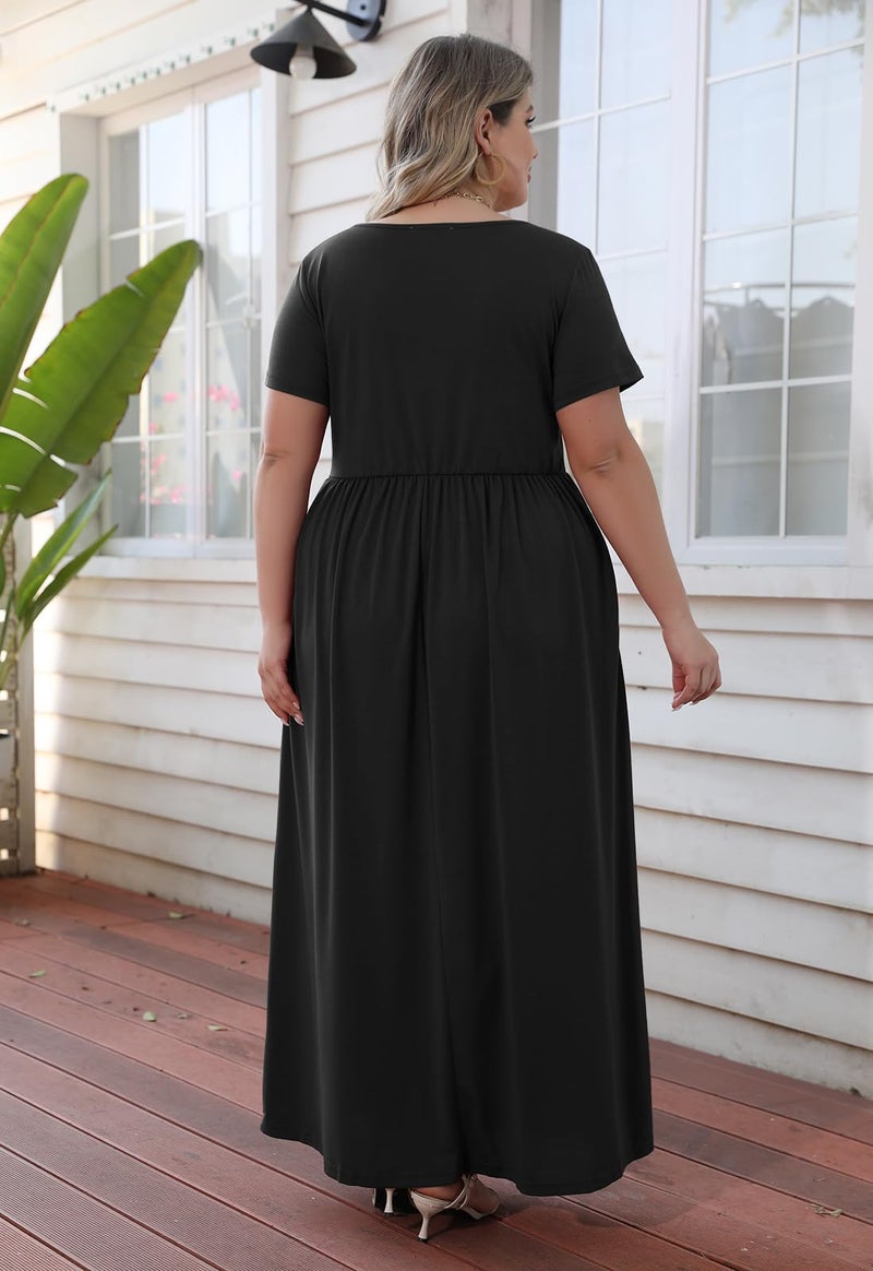 Nemidor Plus Size Maxi Dresses for Curvy Women Summer Casual Loose Short Sleeve Long Beach Dress with Pocket(149,14,Black) - Image 2